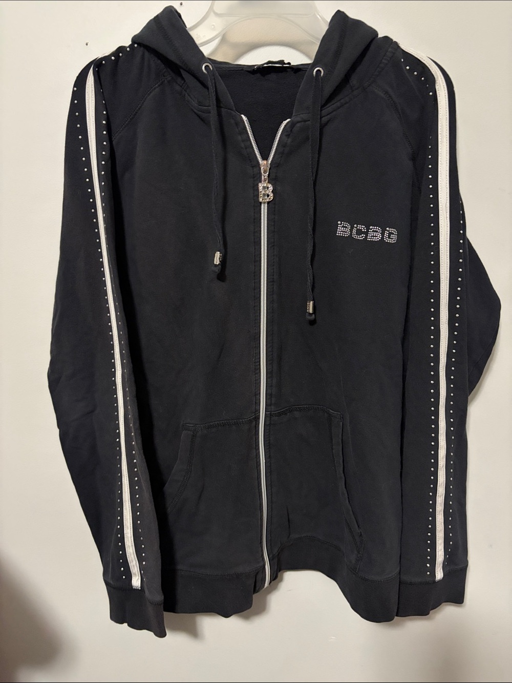 BCBG Black Hoodie with Rhinestone Logo and Stripe Detail